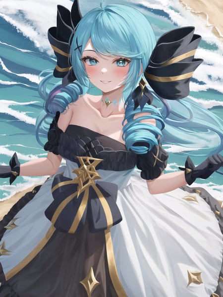 09365-216956348-beach, 1girl, absurdres, black bow, black gloves, black legwear, blue eyes, blue hair, bow, collarbone, dress, drill hair, frill.png